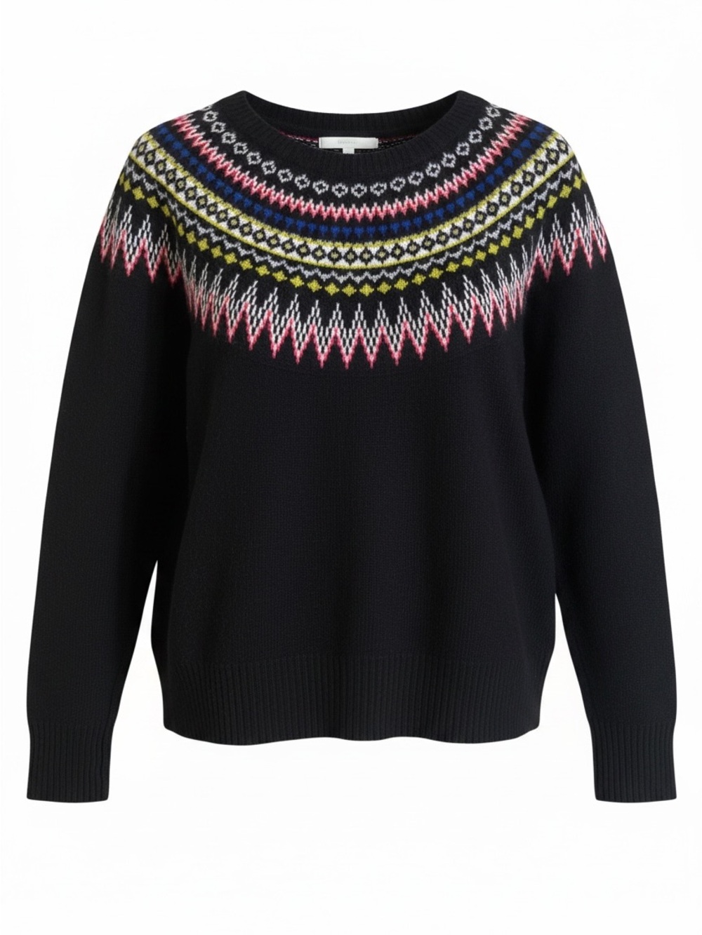Cambridge Dry Goods Black Crewneck Sweater with Multicolor Fair Isle Yoke